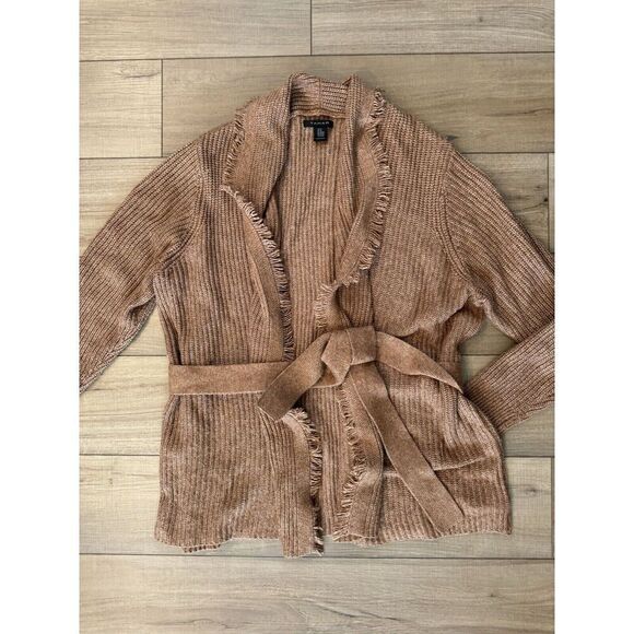 Tahari Sweaters - Tahari Brown Tan Fringe Belted Cardigan 3x Soft Womens Sweater Fall Warm